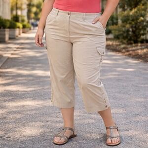 FOR THE REPUBLIC WOMAN Cropped Button Hem Pants Beige Khaki‎ Plus Size 20W Capri
